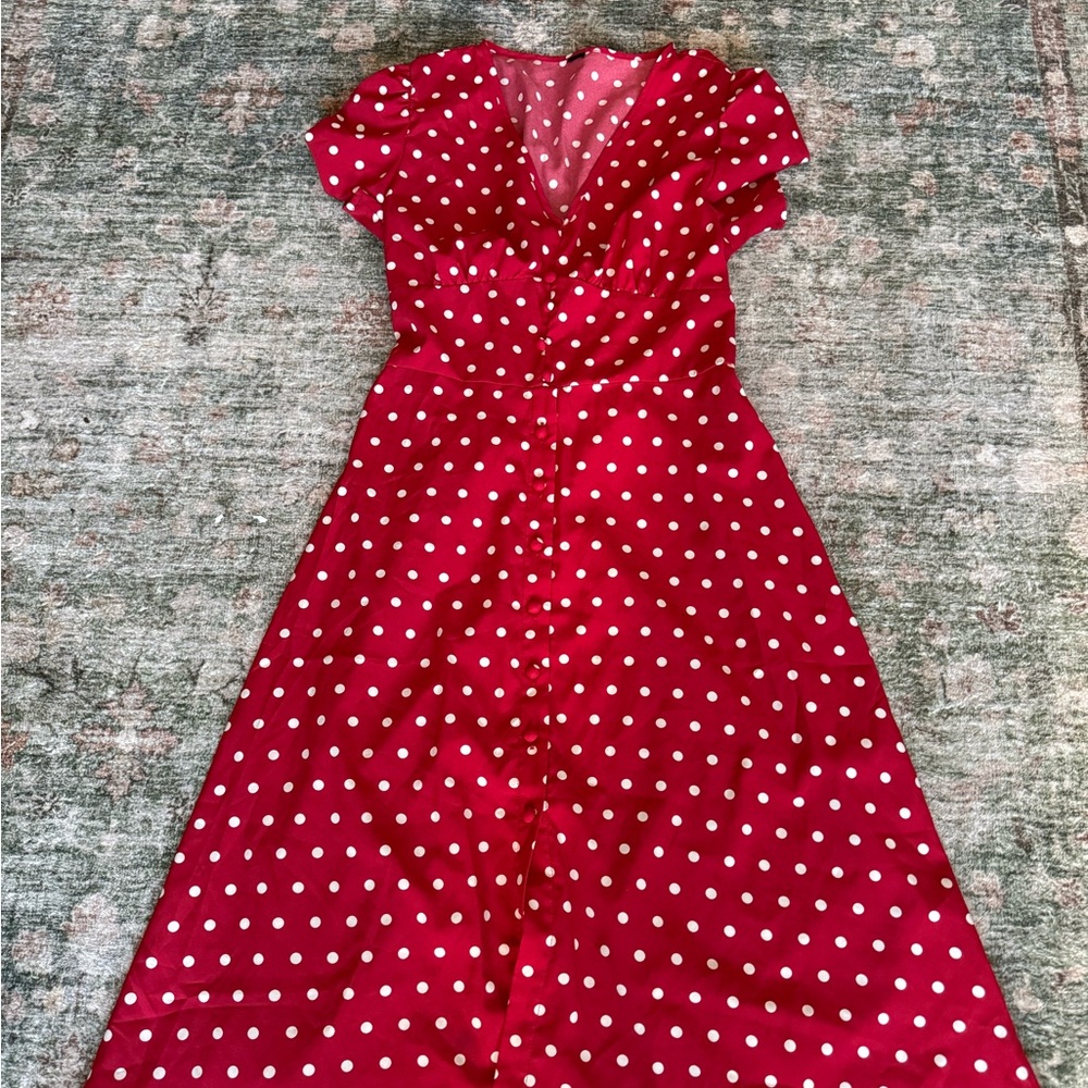 Red Polka Dot Midi Dress with V-Neck and Button Front